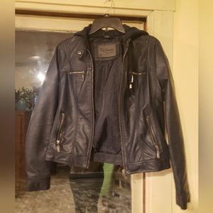 Blue leather jacket with hood